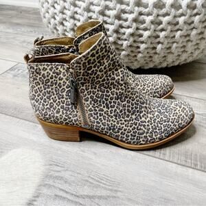 Lucky Brand Basel Leopard Print Leather Ankle Booties Black Tan Size 6.5M